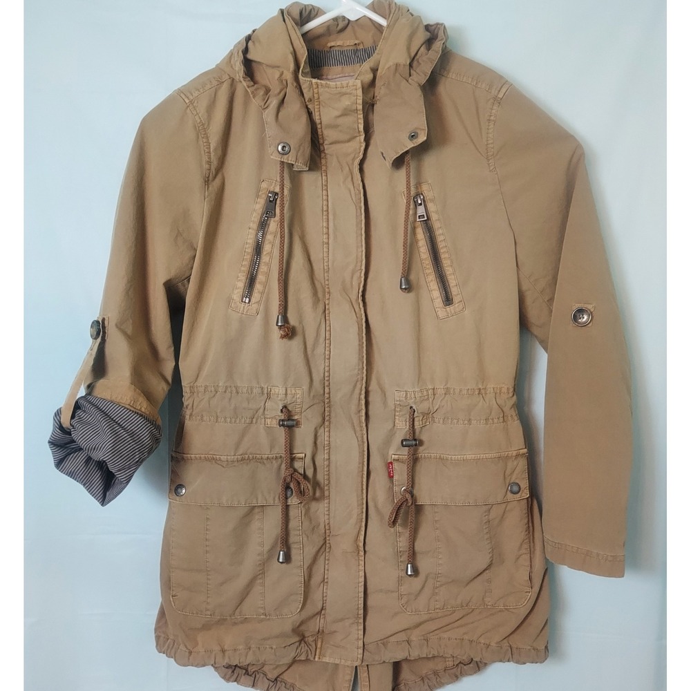 Levi Strauss Tan Utility Parka Jacket Hooded Drawstring Pockets Women L‎